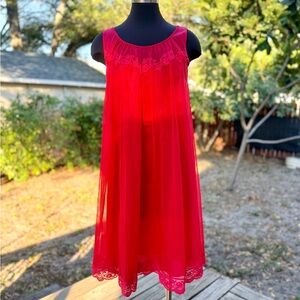 1960s Shadowline Red Chiffon Lingerie Nightie Nightgown